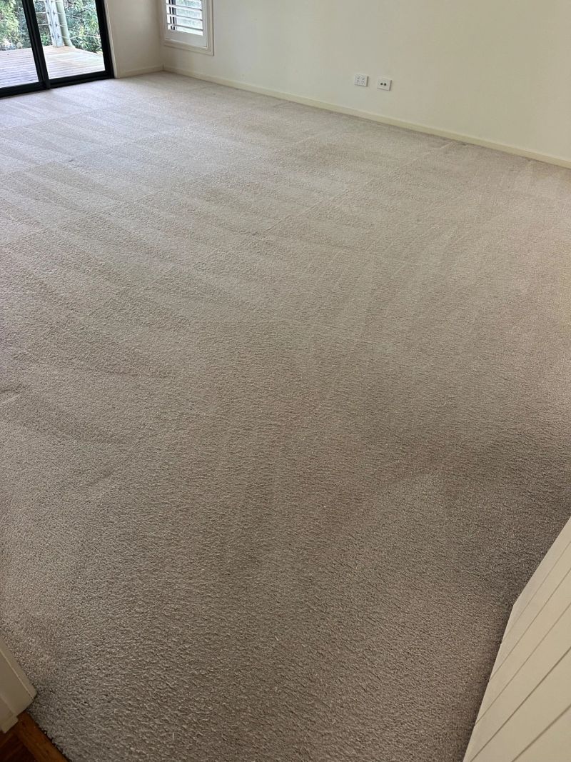 Spacious carpeted room with clean beige carpet after professional cleaning service.